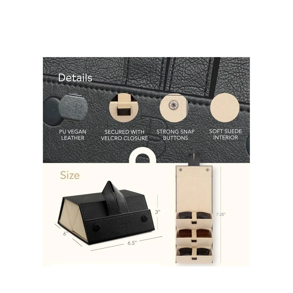 Boshku‎ 3 Slot Sunglasses Travel Case Organizer Black Vegan Leather Hanging Case